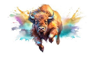 Wall Mural - watercolor of a running Buffalo