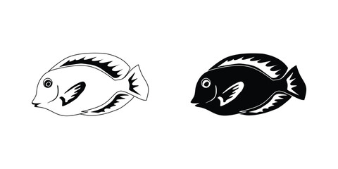 black and white fish silhouette flat icon. isolated on white background. animal, sea, ocean, fish, fishing, coral, reef, coral reef fish, pet, aquarium, aquatic, sticker, clipart, vector illustration