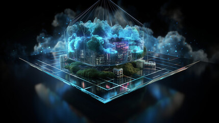 Poster - technology and nature with a stunning image of a digital informational technology web futuristic hologram seamlessly blending into a cloudy backdrop,  Generative AI