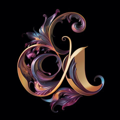 Wall Mural - 4k Epic Illustration of letter A logo in purple colour and warm shades on black background. Generative AI