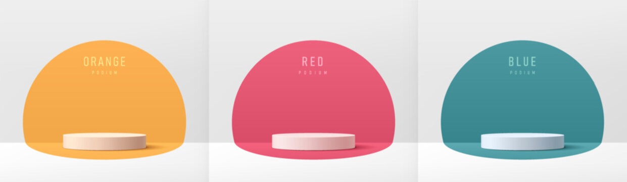 Set of white realistic 3D cylinder pedestal podium with pink, green blue and orange in semi circle backdrop. Abstract vector 3D rendering geometric platform. Mockup Product display, Wall minimal scene