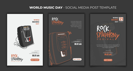 Wall Mural - Social media post template for music day with portable cassette player in cartoon line art design