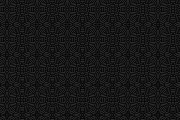 Embossed black background, decorative cover design. Geometric 3D pattern, press paper, leather. Boho, handmade. Tribal texture, ornamental unique ethnicity of East, Asia, India, Mexico, Aztec, Peru.