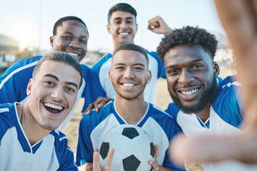 Canvas Print - Sports, group selfie and soccer portrait of team on field for fitness training or game outdoor. Football player, club and diversity athlete men smile for sport competition, workout or challenge photo