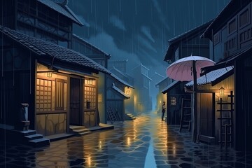 Canvas Print - Illustration of a street at night with a lantern and an umbrella, A beautiful artwork illustration of rainy medieval japan AI Generated