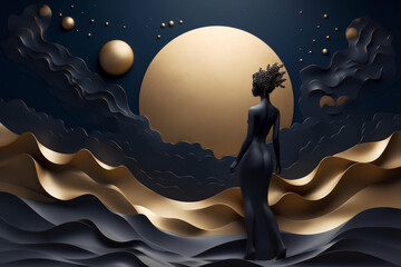 Wall Mural - Sexy woman body silhouette standing on golden dunes. 3D modern art mural wallpaper with matte dark blue background. Dark landscape with stars and moon. Minimalistic style. Generative AI