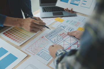 ux Graphic designer creative sketch planning application process development prototype wireframe for web mobile phone . User experience concept.