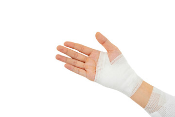 Young man with gauze bandage wrapped around injury hand on white background