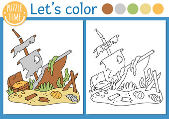 Wall Mural - Under the sea coloring page for children with wrecked ship. Vector ocean life outline illustration with ruined boat. Color book for kids with colored example. Drawing skills printable worksheet.