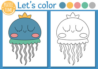 Wall Mural - Under the sea coloring page for children with jellyfish. Vector ocean life outline illustration with cute water animal. Color book for kids with colored example. Drawing skills printable worksheet.