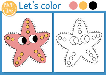 Wall Mural - Under the sea coloring page for children with starfish. Vector ocean life outline illustration with cute water animal. Color book for kids with colored example. Drawing skills printable worksheet.