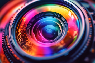  A close-up shot of a photographer's eye looking through the viewfinder of a camera with a prominent lens, symbolizing the creative vision and focus. Generative AI technology.