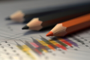 Poster -  A macro photograph of a pencil tracing the lines of a stock market chart on a piece of paper, symbolizing the act of studying and analyzing market trends.  Generative AI technology.