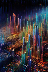 Poster - An abstract digital illustration of stock market chart lines, with vibrant colors and geometric shapes, representing the volatility and complexity of financial data.  Generative AI technology.