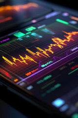 Fototapete -  A close-up photograph of a stock market chart on a smartphone screen, capturing the reflection of the lines on the glass surface.  Generative AI technology.