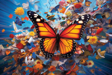 Poster -  A mixed-media artwork combining uplifting symbols, such as butterflies or birds, with vibrant colors and textured elements, representing the transformative power of hope.  Generative AI technology.