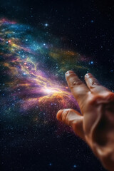 Poster -  A captivating photograph of a person reaching out towards a galaxy, as if trying to touch the stars, highlighting our longing to understand.  Generative AI technology.