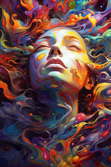 Poster -  An abstract painting using cosmic colors and swirling patterns to depict the human form merging with the vastness of the universe.  Generative AI technology.