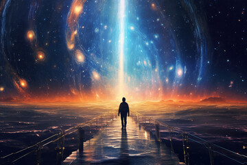 Poster -  An illustration of a person walking on a cosmic pathway, with galaxies and stars paving their way,  Generative AI technology.
