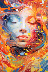 Poster -  An abstract painting using vibrant colors and flowing brushstrokes to depict a person merging with celestial patterns. Generative AI technology.