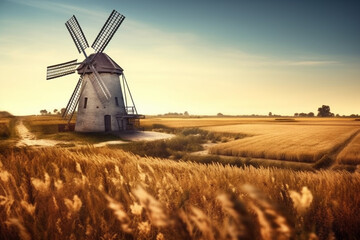 Aufkleber -  A vintage-style photograph of a traditional windmill surrounded by wheat fields, representing the timeless connection between agriculture and energy.  Generative AI technology.