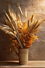 Aufkleber - A still life photograph of a bouquet of dried wheat ears, creating a warm and rustic ambiance.  Generative AI technology.