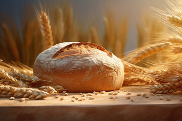 Aufkleber -  An image of a freshly baked loaf of bread surrounded by wheat ears, emphasizing the journey from grain to food and the importance of wheat in our daily lives.  Generative AI technology.