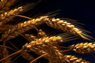Aufkleber - A macro photograph of wheat ears against a dark background, focusing on the intricate details and textures of the grain.  Generative AI technology.
