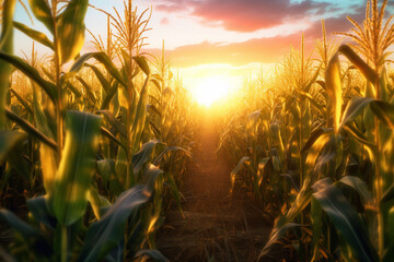 Aufkleber -  A high-quality image of a maize field during sunset, with rows of tall corn stalks swaying in the gentle breeze, depicting the beauty of agricultural landscapes.  Generative AI technology.