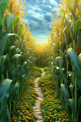 Aufkleber -  A conceptual artwork of a maize cornfield transformed into a colorful maze, inviting viewers to explore the intricate paths and embrace the sense of adventure.  Generative AI technology.