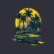 t-shirt design old retro car on sunset with palm trees and scyscrapers