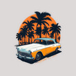 t-shirt design old retro car on sunset with palm trees