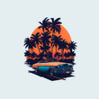 t-shirt design old retro car on sunset with palm trees