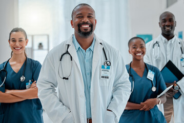 Poster - Teamwork, happy and portrait of doctors in hospital for medical help, insurance and service. Healthcare, collaboration and men and women health workers smile in clinic for help, consulting and care