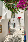 Fototapeta Uliczki - Narrow alleyways of Greek towns, white walls, bougainvillea and craft