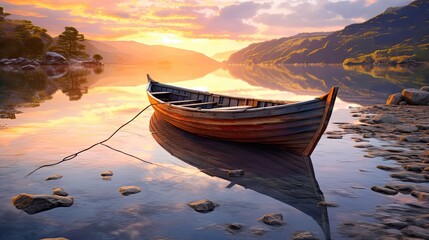 Beautiful view of traditional wooden rowing boat on scenic lake at sunrise. Generative AI