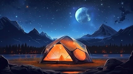 a tent glows under a night sky full of stars. generative ai