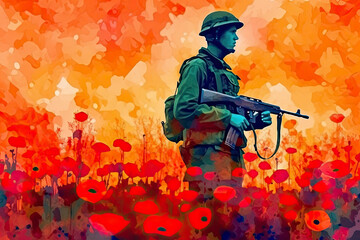 Wall Mural -  illustration of a soldier in the poppy field during golden sunset.AI Generative