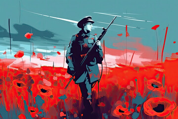 Wall Mural -  illustration of a soldier in the poppy field during golden sunset.AI Generative