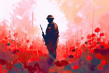 Wall Mural -  illustration of a soldier in the poppy field during golden sunset.AI Generative