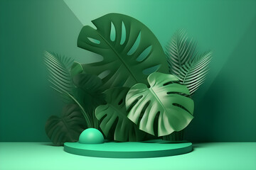 3D Podium with Monstera Leaf isolated in green background for product display. Generative AI