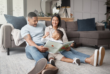 Poster - Mother, father and happy child reading books on living room floor for educational fun, learning and development at home. Family, parents and storytelling with boy kid for love, care or play in lounge