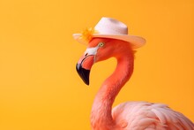 A Flamingo Wearing A Sun Hat On A Yellow Background With Copy Space