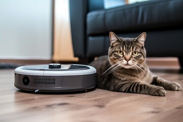 Wall Mural - Cat robot vacuum cleaner. Generate Ai