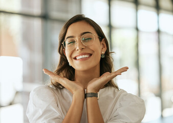 Poster - Happy, face and excited with hands on woman for cheerful, playful and startup. Happiness, designer and pride with female employee presenting smile for creative, entrepreneur and business