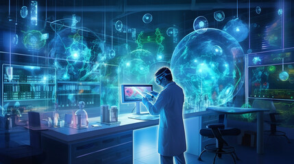 Poster - Medical research and healthcare as a technician harness the power of a digital tablet in a hospital laboratory. Surrounded by medical icons and delving into the world of microbiology, Generative AI