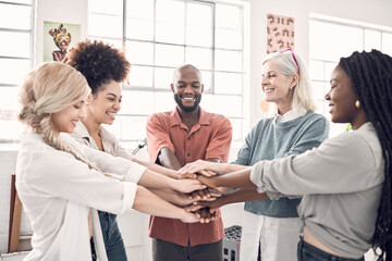 Poster - Teamwork, business people and hand huddle together with support, trust and collaboration in startup office. Happy team, motivation and hands in circle, diversity and creative employees in cooperation