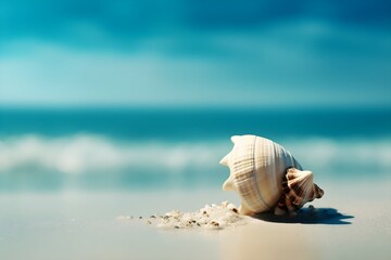 Wall Mural - Seashell on a sandy beach with a blue sky in the background