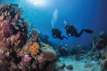 Two scuba divers diving in front of colorful and coral reef