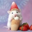 illustrazione di simpatico criceto che mangia un cono gelato con fragole,  creato con ai